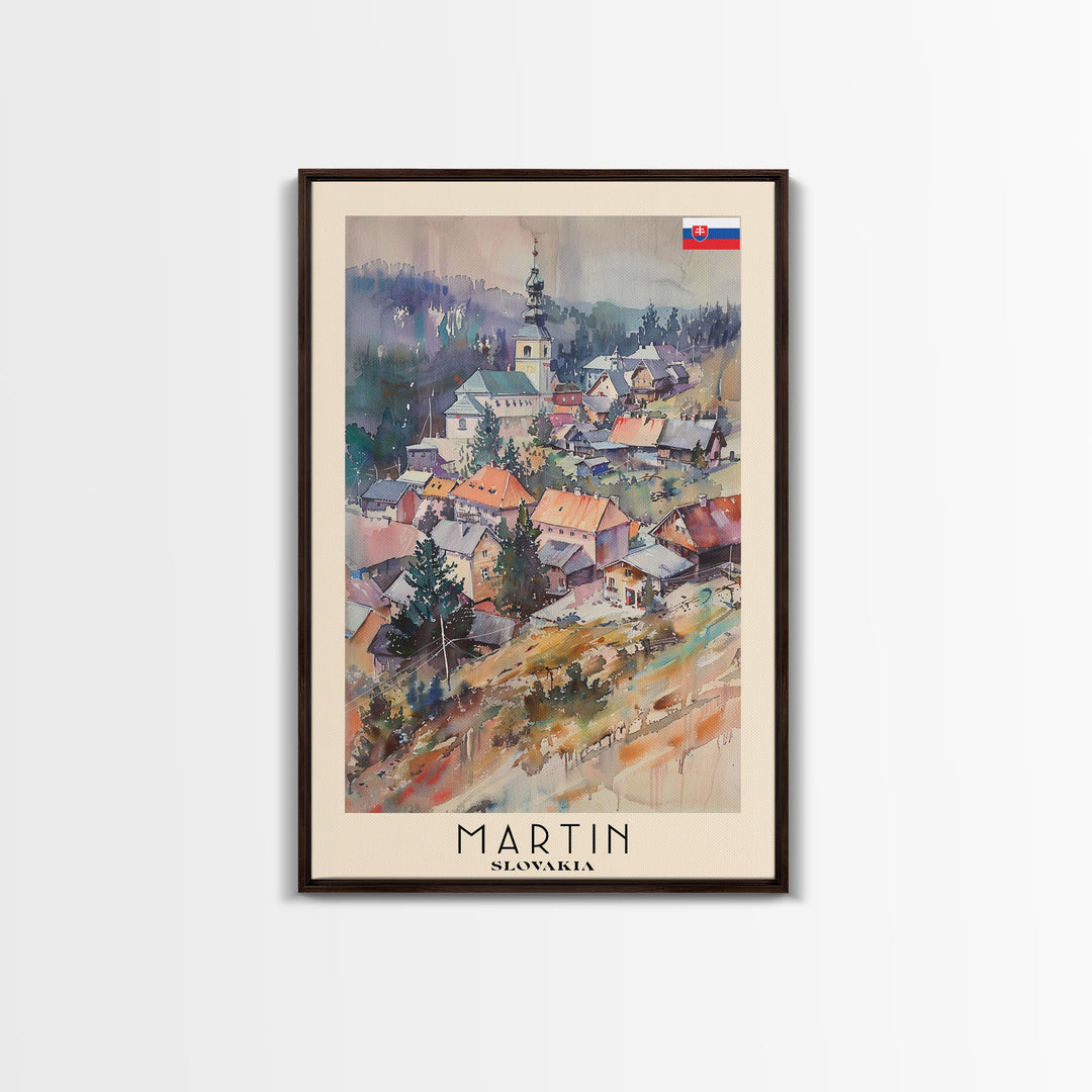 Martin Slovakia Travel Poster Framed Canvas Print, Scenic Mountain Landscape, Watercolor Art, Wall Decor, Home Interior, Travel Print, Unique Artwork