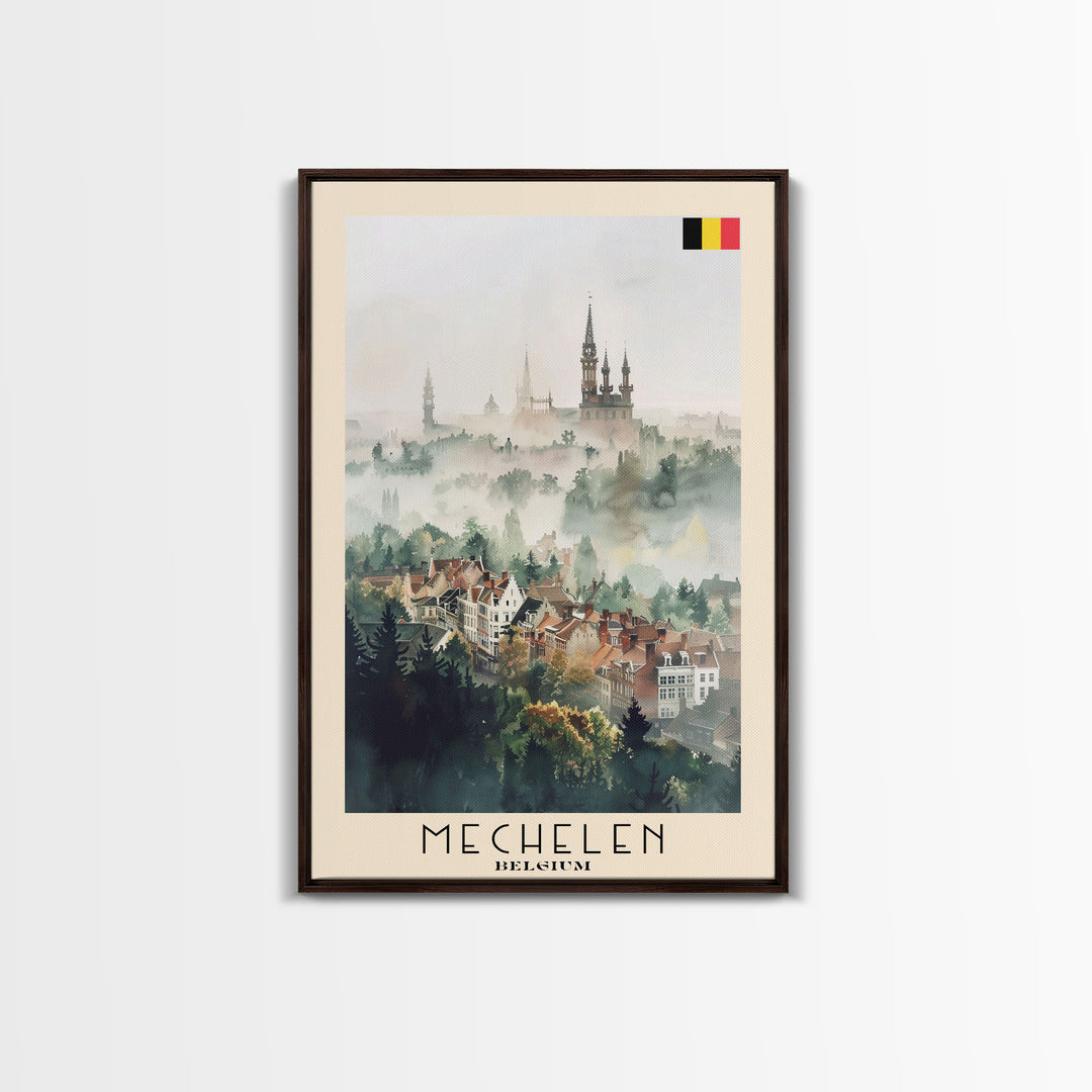 Mechelen Belgium Travel Poster Framed Canvas Print, Historic Architecture, Watercolor Painting, Wall Hanging, Home Decor, Travel Print, Artistic Piece