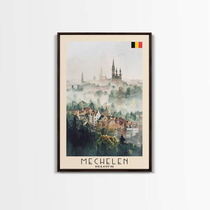 Mechelen Belgium Travel Poster Framed Canvas Print, Historic Architecture, Watercolor Painting, Wall Hanging, Home Decor, Travel Print, Artistic Piece