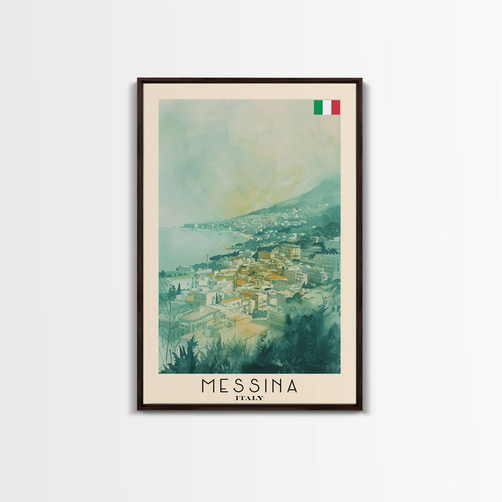 Messina Italy Travel Poster Framed Canvas Print, Urban Coastal Cityscape, Watercolor Art, Wall Decor, Home Decoration, Travel Print, Unique Art
