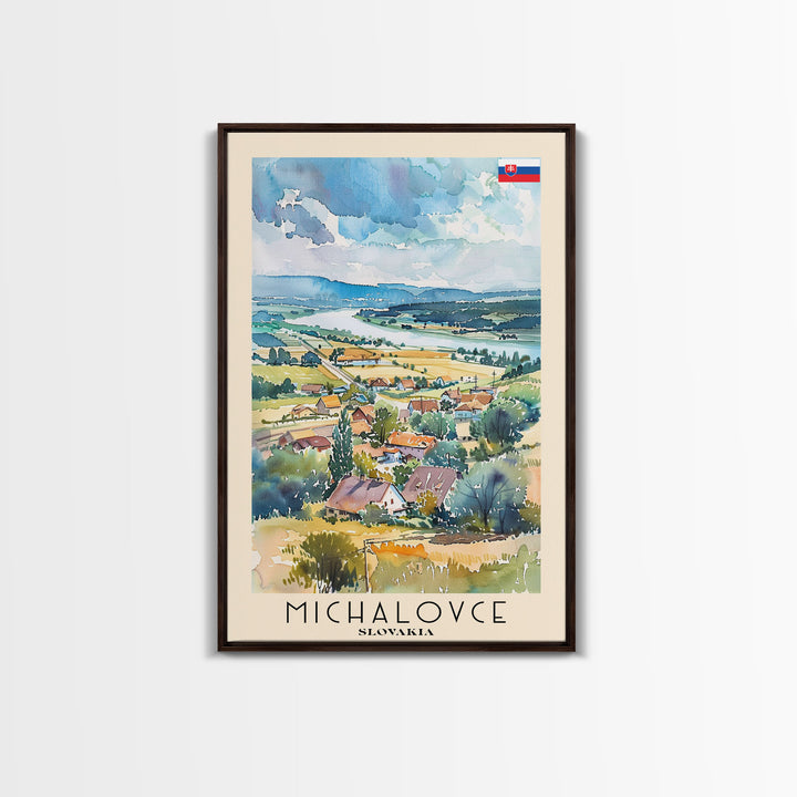 Michalovce Slovakia Travel Poster Framed Canvas Print, Scenic Landscape, Watercolor Painting, Wall Art, Home Decor, Travel Print, Original Piece