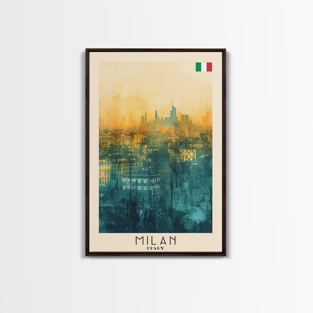Milan Italy Travel Poster Framed Canvas Print, Iconic Landmarks, Urban Art, Wall Hanging, Home Decor, Travel Print, Artistic Gift
