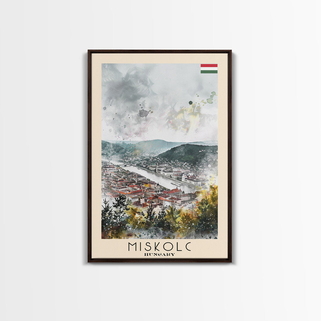 Miskolc Hungary Travel Poster Framed Canvas Print, Historic Cityscape, Watercolor Painting, Wall Decor, Home Decoration, Travel Print, Original Art