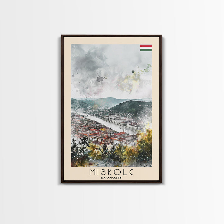 Miskolc Hungary Travel Poster Framed Canvas Print, Historic Cityscape, Watercolor Painting, Wall Decor, Home Decoration, Travel Print, Original Art