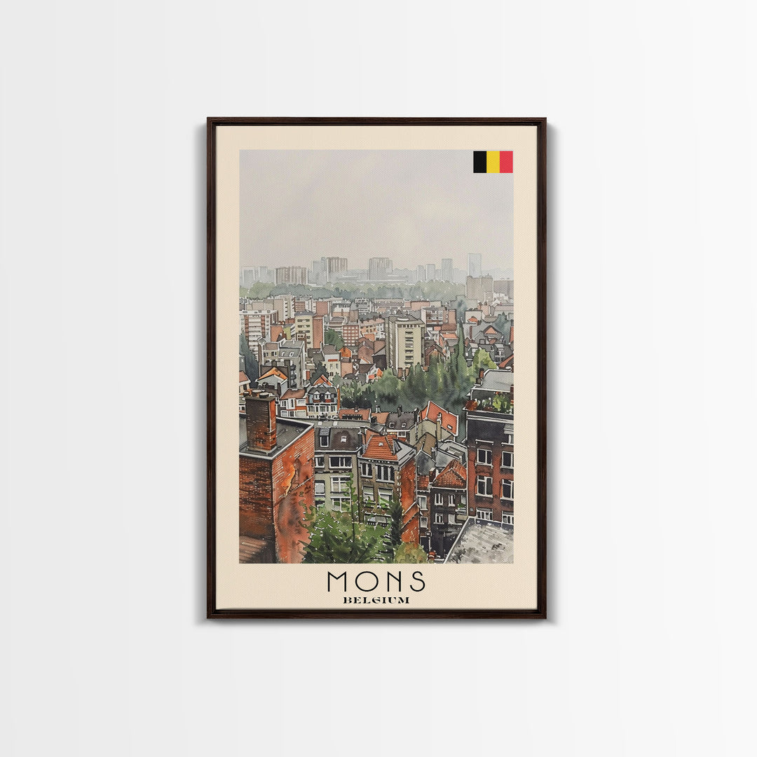Mons Belgium Travel Poster Framed Canvas Print, Scenic Urban Landscape, Watercolor Painting, Wall Art, Home Decor, Travel Print, Original Painting