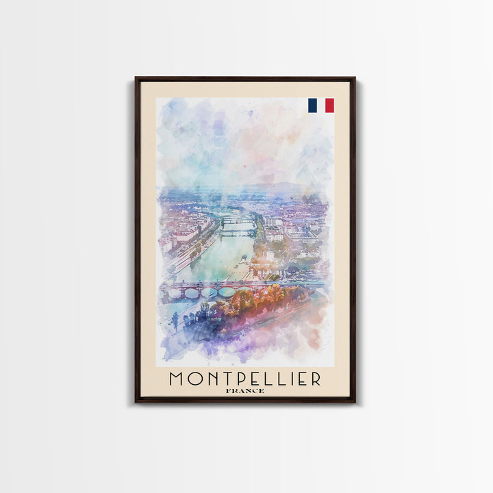 Montpellier France Travel Poster Framed Canvas Print, Vibrant Cityscape, Watercolor Art, Wall Decor, Interior Design, Travel Print, Unique Artwork