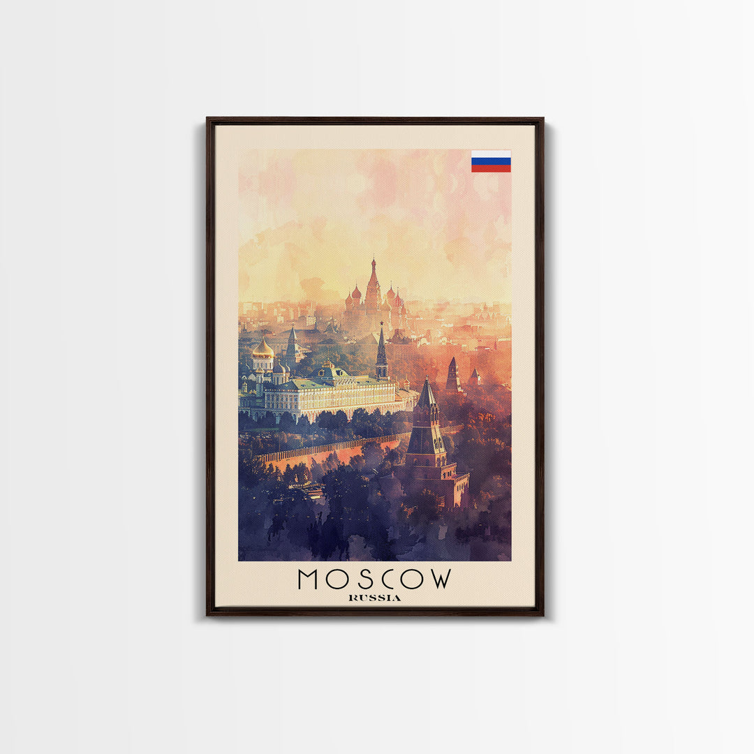 Moscow Russia Travel Poster Framed Canvas Print, Historic Landmarks, Watercolor Painting, Wall Art, Home Decor, Travel Print, Artistic Gift