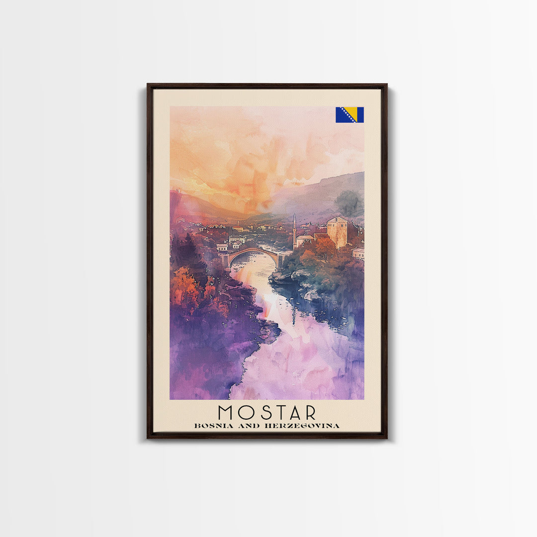 Mostar Bosnia Travel Poster Framed Canvas Print, Scenic Landscape, Watercolor Art, Wall Hanging, Home Decoration, Travel Print, Original Piece