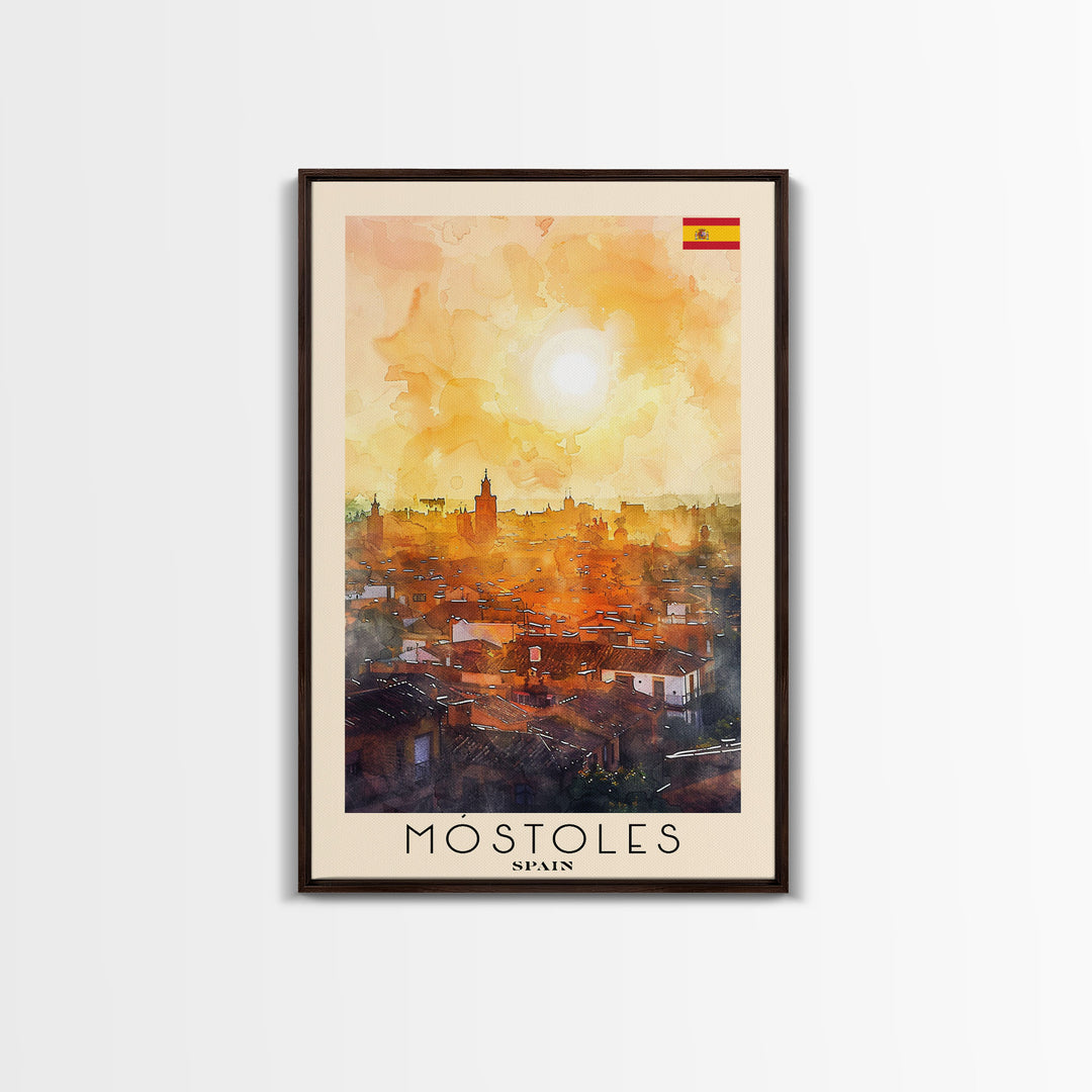 Móstoles Spain Travel Poster Framed Canvas Print, Urban Landscape, Watercolor Art, Wall Decor, Interior Decor, Travel Print, Unique Artwork