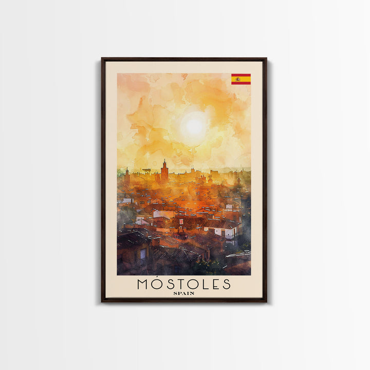 Móstoles Spain Travel Poster Framed Canvas Print, Urban Landscape, Watercolor Art, Wall Decor, Interior Decor, Travel Print, Unique Artwork