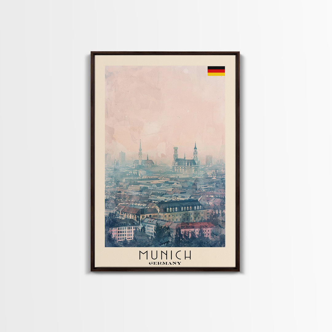Munich Germany Travel Poster Framed Canvas Print, Iconic Cityscape, Watercolor Art, Wall Decoration, Home Decor, Travel Print, Artistic Piece