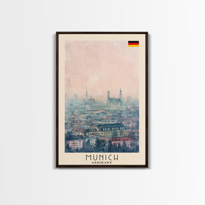 Munich Germany Travel Poster Framed Canvas Print, Iconic Cityscape, Watercolor Art, Wall Decoration, Home Decor, Travel Print, Artistic Piece