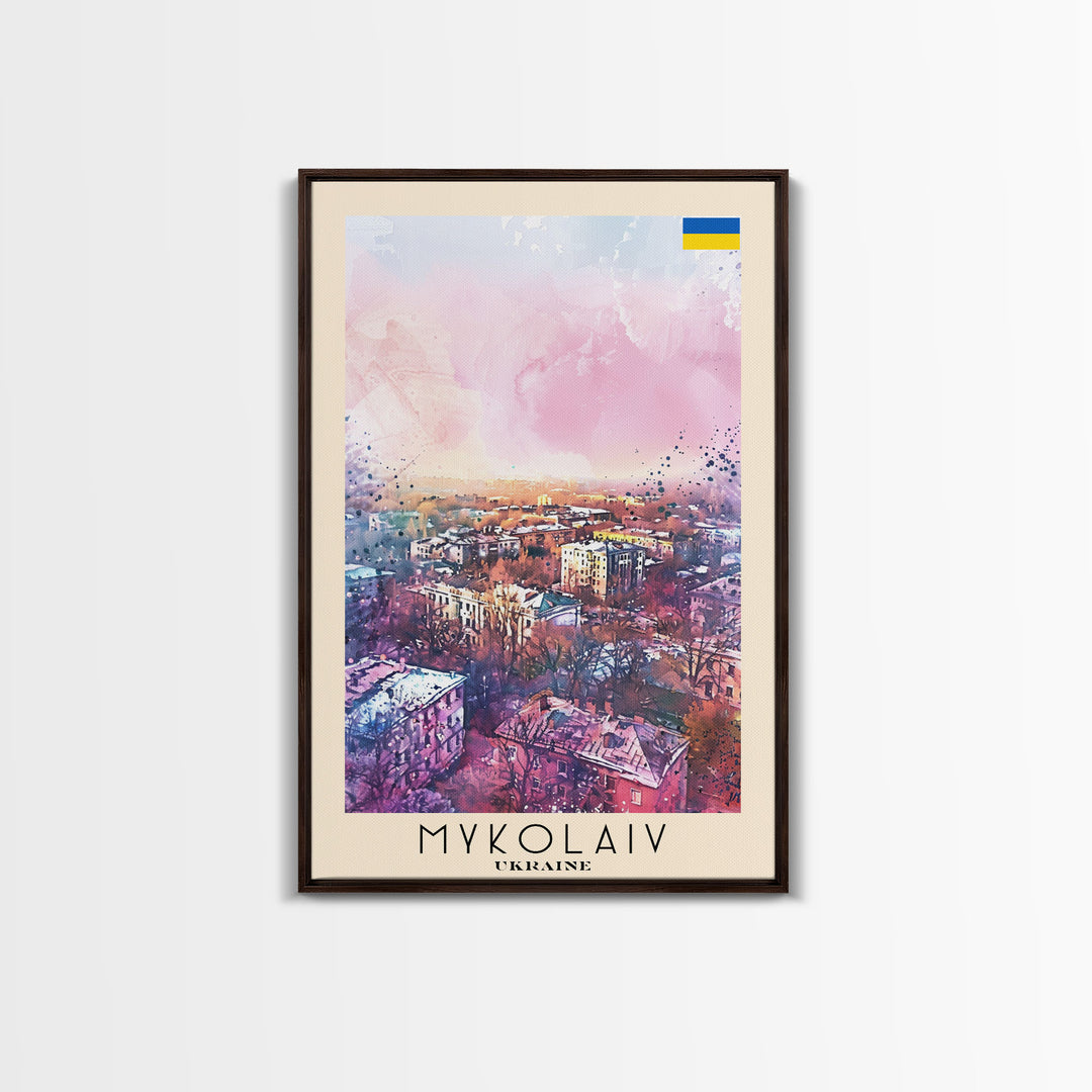 Mykolaiv Ukraine Travel Poster Framed Canvas Print, Urban Landscape, Watercolor Art, Wall Decor, Interior Decoration, Travel Print, Original Artwork
