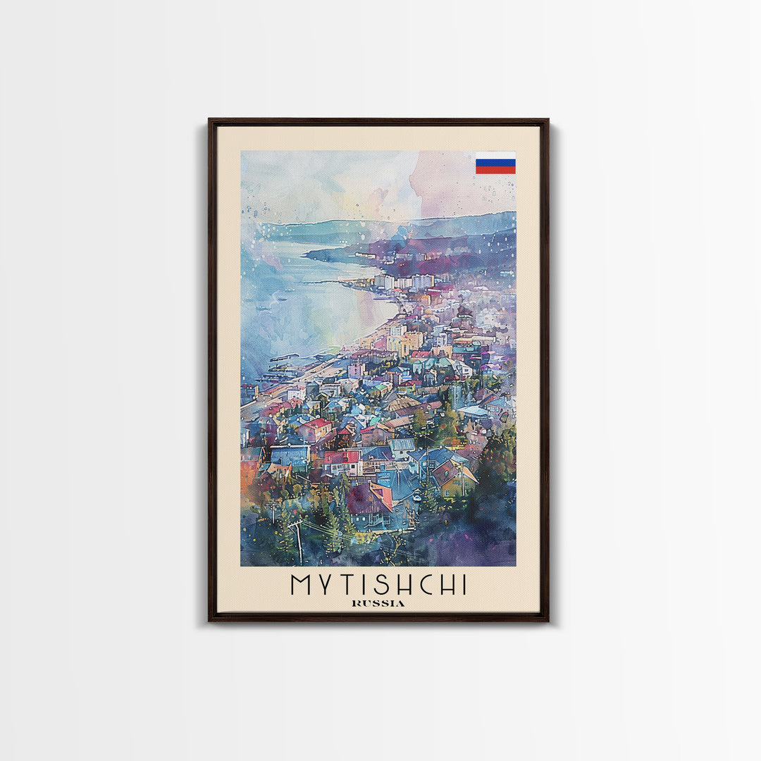 Mytishchi Russia Travel Poster Framed Canvas Print, Vibrant Cityscape, Watercolor Art, Wall Hanging, Home Decor, Travel Print, Unique Piece