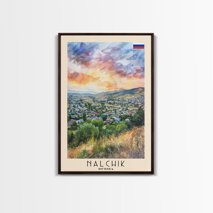 Nalchik Russia Travel Poster Framed Canvas Print, Sunset Watercolor Painting, Scenic Art, Vacation Wall Art, Living Room Decor, Unique Art