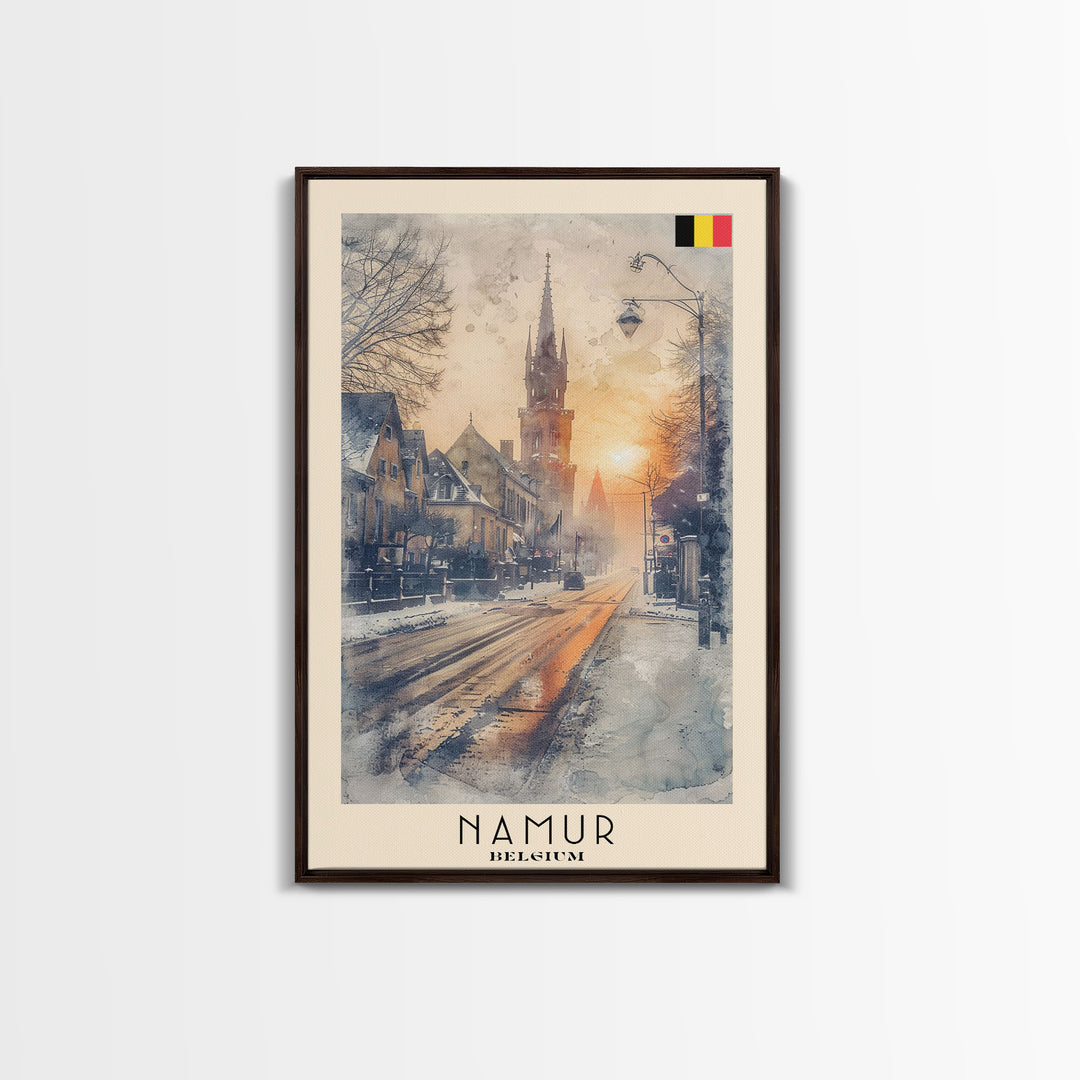 Namur Belgium Framed Canvas Print, Vintage Travel Poster, Architectural Wall Art, Watercolor Painting, Home Decor, Vacation Art, Unique Art