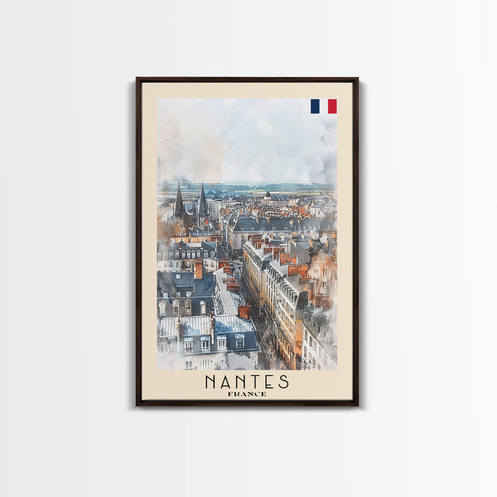 Nantes France Travel Poster Framed Canvas Print, Cityscape Watercolor Painting, Wall Art, Home Decor, Vacation Art, Urban Art, Unique Art