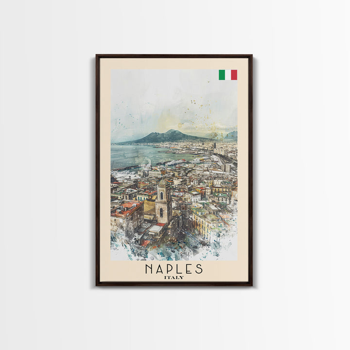 Naples Italy Framed Canvas Print, Scenic Travel Poster, Watercolor Painting, Coastal Wall Art, Home Decor, Vacation Art, Unique Art