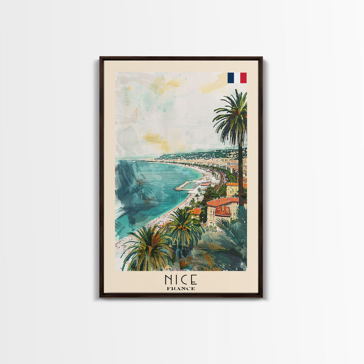 Nice France Travel Poster Framed Canvas Print, Coastal Watercolor Painting, Scenic Wall Art, Home Decor, Vacation Art, Unique Art