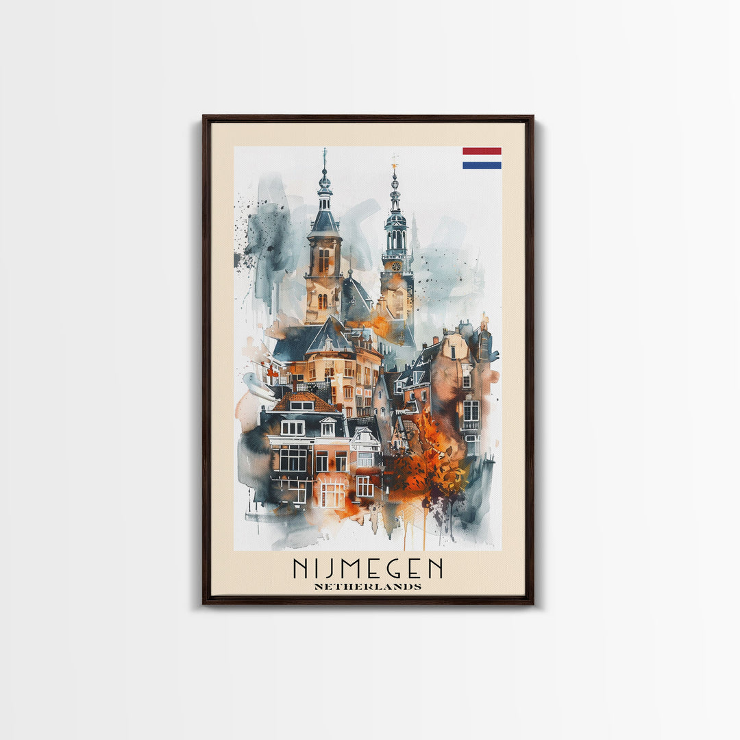 Nijmegen Netherlands Framed Canvas Print, Urban Travel Poster, Watercolor Painting, Architectural Wall Art, Home Decor, Unique Art