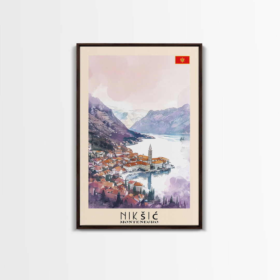 Niksic Montenegro Framed Canvas Print, Scenic Travel Poster, Watercolor Painting, Wall Art, Home Decor, Montenegro Landscape, Rustic Decor