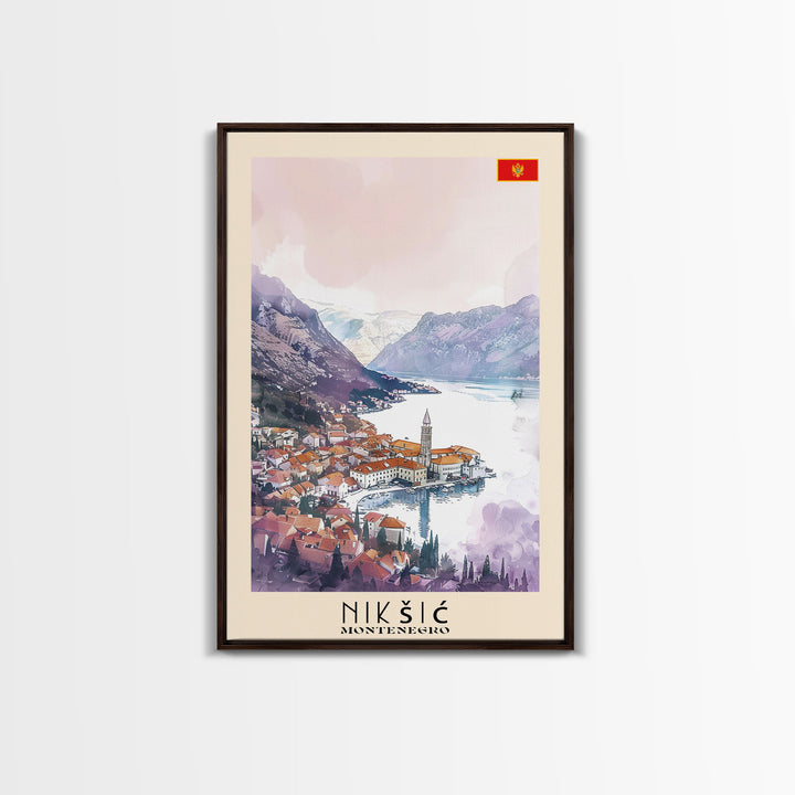 Niksic Montenegro Framed Canvas Print, Scenic Travel Poster, Watercolor Painting, Wall Art, Home Decor, Montenegro Landscape, Rustic Decor