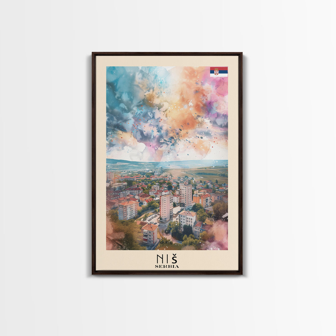 Nis Serbia Framed Canvas Print, Historic Travel Poster, Watercolor Painting, Wall Art, Home Decor, Serbian Culture, Vintage Art