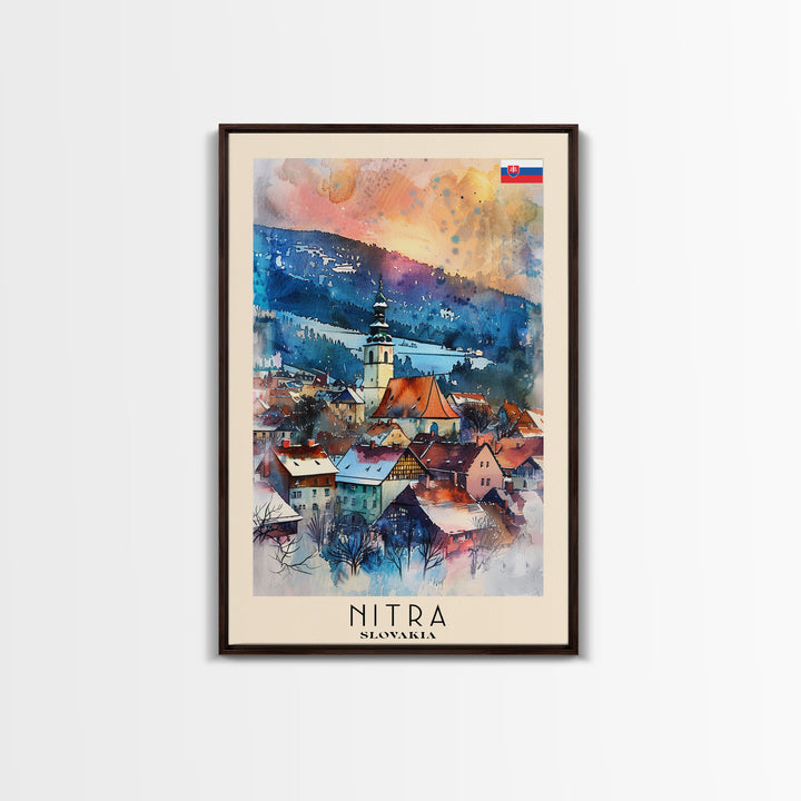 Nitra Slovakia Framed Canvas Print, Scenic Travel Poster, Watercolor Painting, Wall Art, Home Decor, Slovakian Landscape, Modern Art