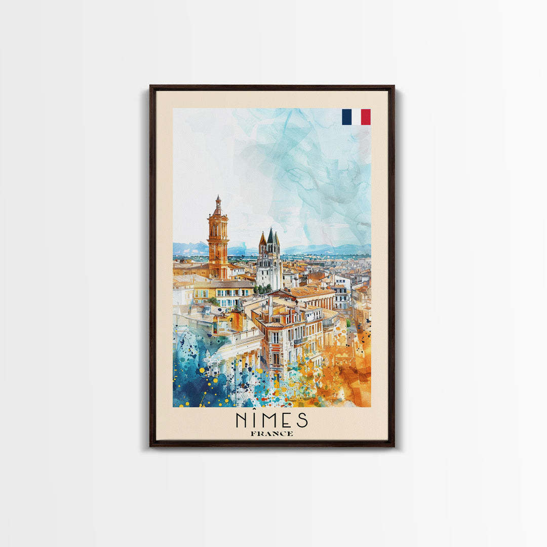 Nîmes France Framed Canvas Print, Historic Travel Poster, Watercolor Painting, Wall Art, Home Decor, French Architecture, Vintage Style