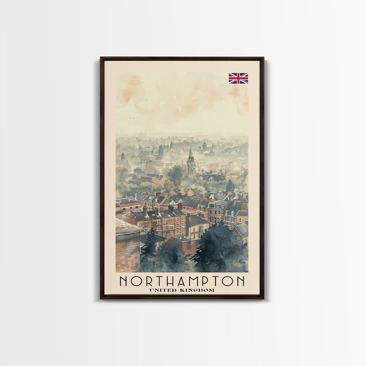 Northampton United Kingdom Travel Poster Framed Canvas Print, Watercolor Painting, Scenic Wall Art, Home Decor, British Landscape, Classic Art