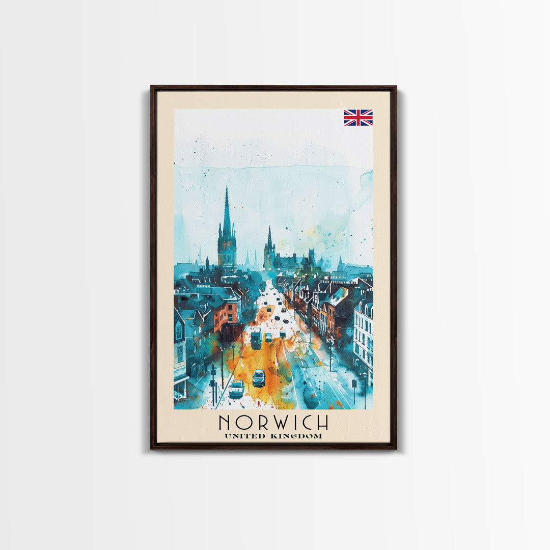 Norwich United Kingdom Travel Poster Framed Canvas Print, Watercolor Painting, Historic Wall Art, Home Decor, British Architecture, Artistic Decor
