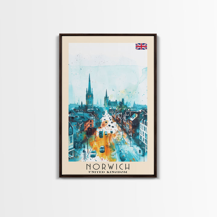 Norwich United Kingdom Travel Poster Framed Canvas Print, Watercolor Painting, Historic Wall Art, Home Decor, British Architecture, Artistic Decor