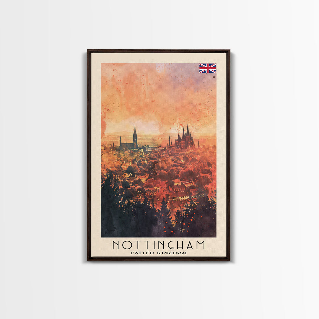 Nottingham United Kingdom Travel Poster Framed Canvas Print, Watercolor Painting, Scenic Wall Art, Home Decor, British Cityscape, Modern Art