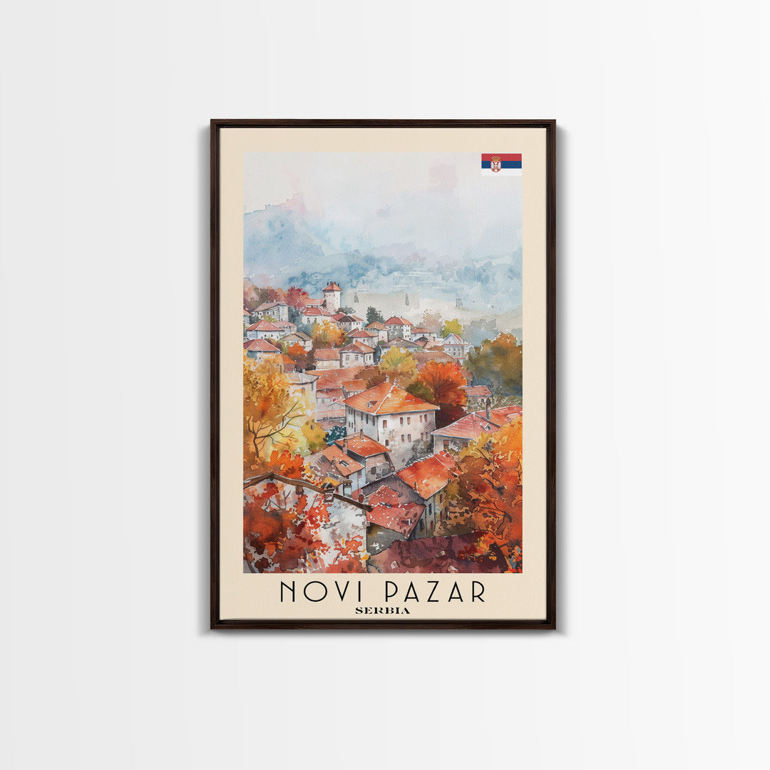 Novi Pazar Serbia Travel Poster Framed Canvas Print, Watercolor Painting, Scenic Wall Art, Home Decor, Serbian Landscape, Cultural Art