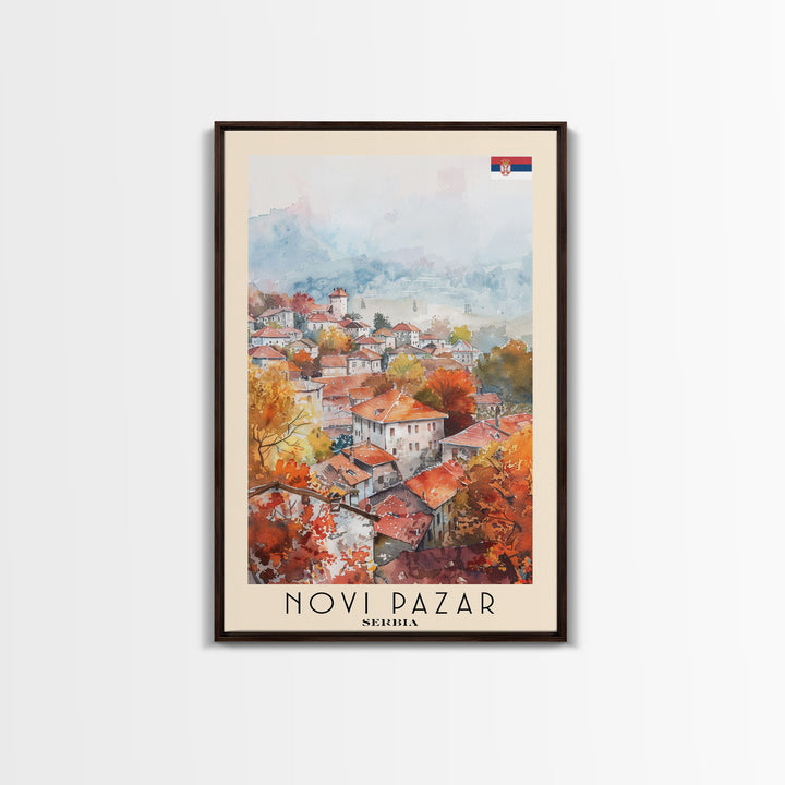 Novi Pazar Serbia Travel Poster Framed Canvas Print, Watercolor Painting, Scenic Wall Art, Home Decor, Serbian Landscape, Cultural Art