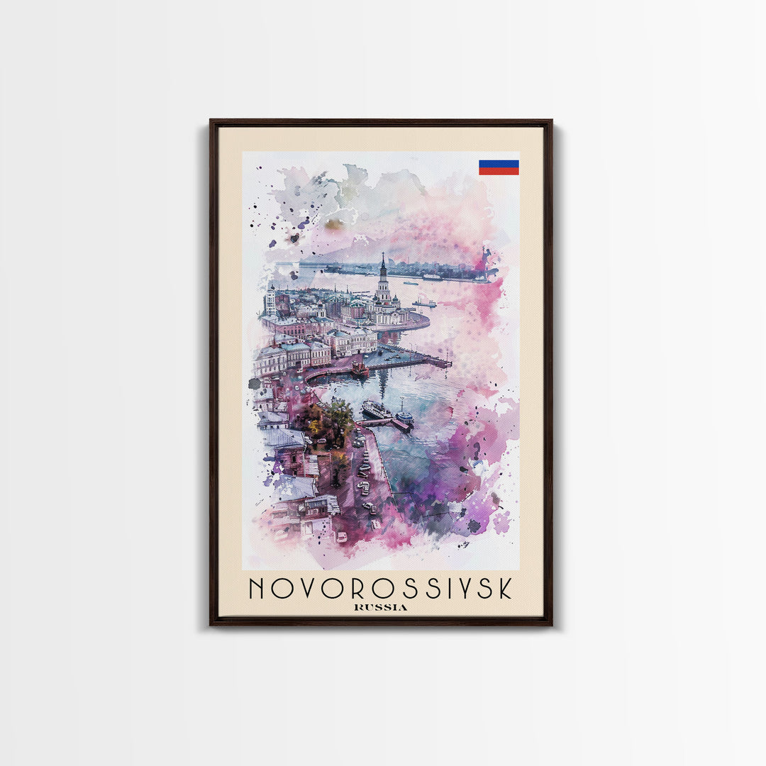 Novorossiysk Russia Travel Poster Framed Canvas Print, Watercolor Painting, Scenic Wall Art, Home Decor, Russian Coastal Scene, Classic Art