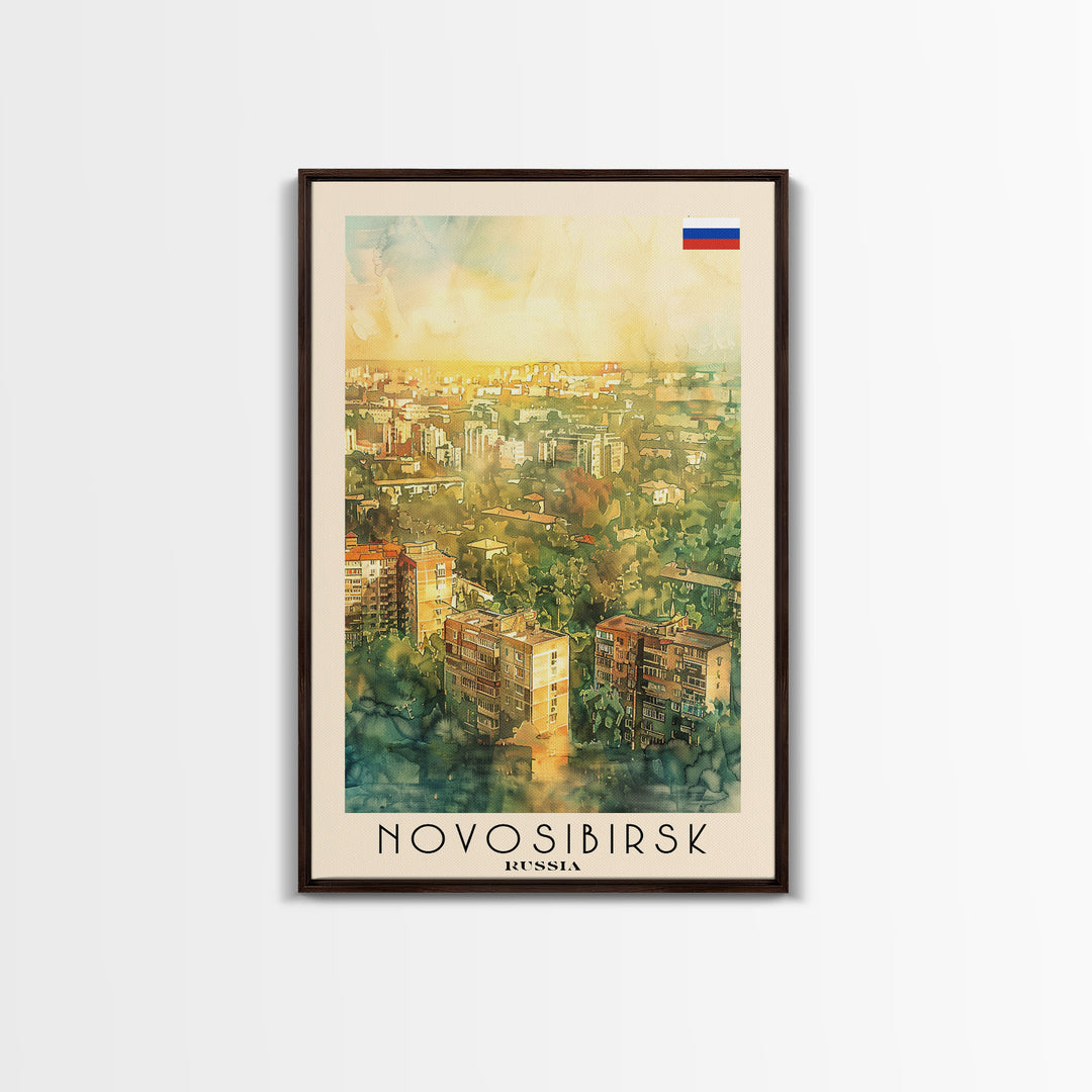 Novosibirsk Russia Travel Poster Framed Canvas Print, Watercolor Painting, Urban Wall Art, Home Decor, Russian Cityscape, Contemporary Art