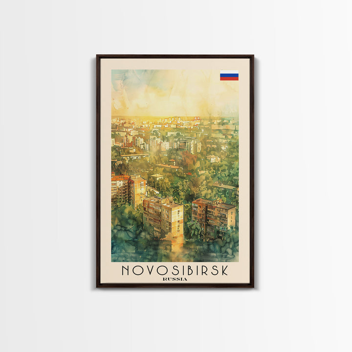 Novosibirsk Russia Travel Poster Framed Canvas Print, Watercolor Painting, Urban Wall Art, Home Decor, Russian Cityscape, Contemporary Art