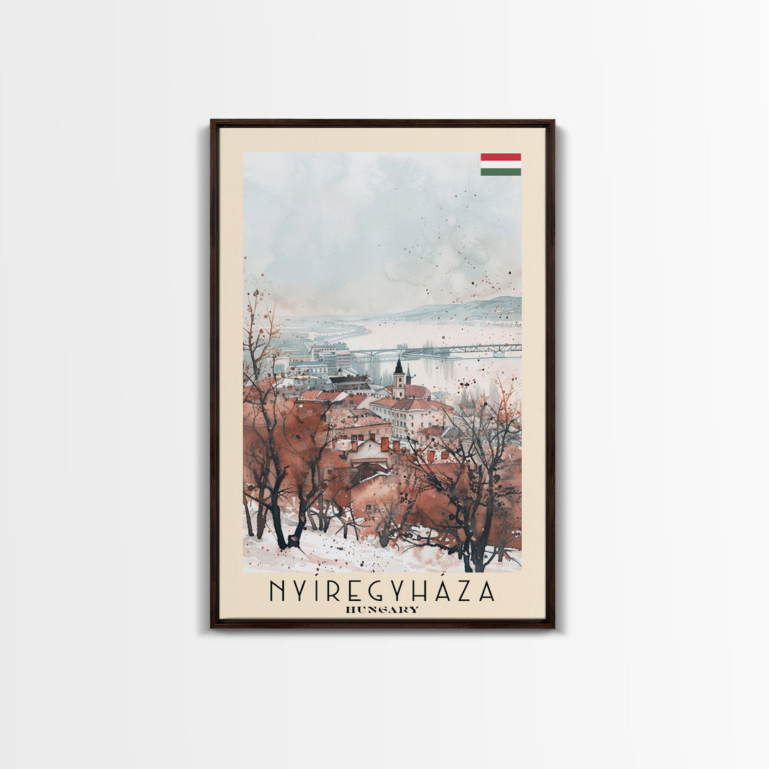 Nyiregyhaza Hungary Travel Poster Framed Canvas Print, Watercolor Painting, Scenic Wall Art, Home Decor, Hungarian Landscape, Rustic Art