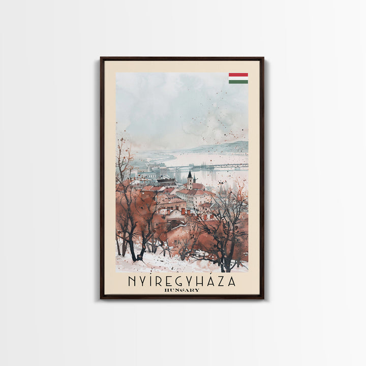 Nyiregyhaza Hungary Travel Poster Framed Canvas Print, Watercolor Painting, Scenic Wall Art, Home Decor, Hungarian Landscape, Rustic Art