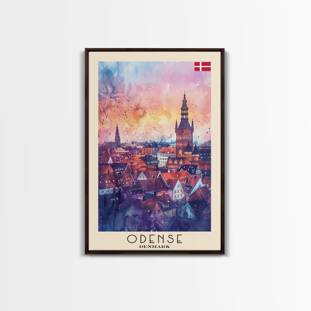 Odense Denmark Travel Poster Framed Canvas Print, Watercolor Painting, Scenic Wall Art, Home Decor, Danish Cityscape, Artistic Decor