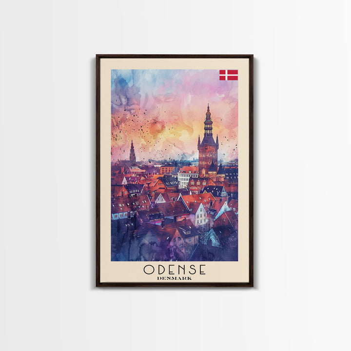 Odense Denmark Travel Poster Framed Canvas Print, Watercolor Painting, Scenic Wall Art, Home Decor, Danish Cityscape, Artistic Decor