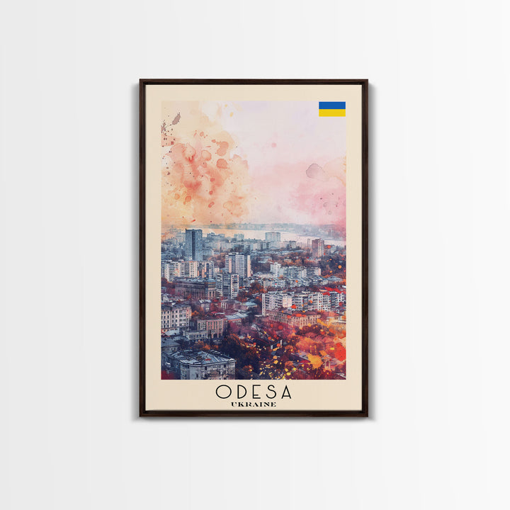 Odesa Ukraine Travel Poster Framed Canvas Print, Watercolor Painting, Scenic Wall Art, Home Decor, Ukrainian Coastal Scene, Vibrant Art