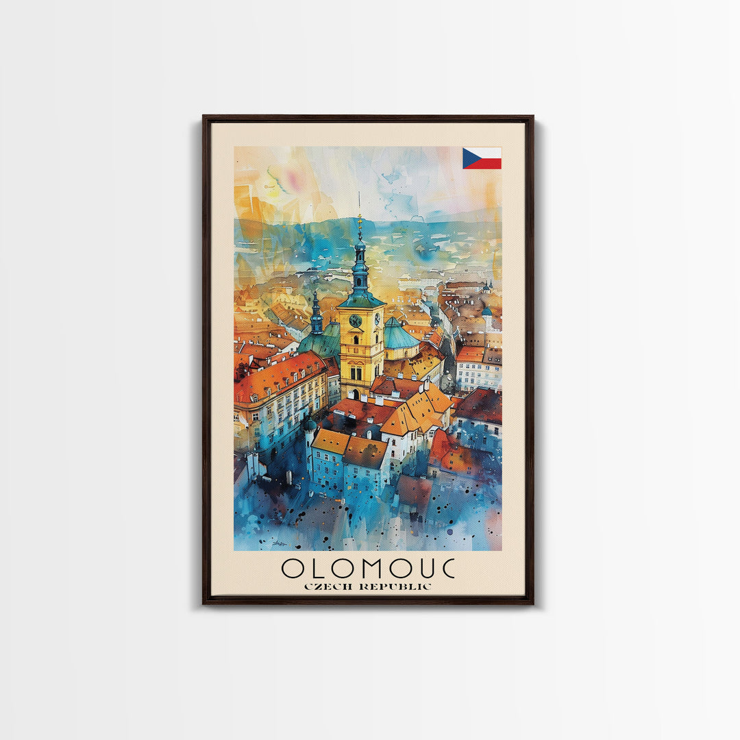 Olomouc Czech Travel Poster Framed Canvas Print, Watercolor Painting, Historic Wall Art, Home Decor, Czech Architecture, Vintage Style