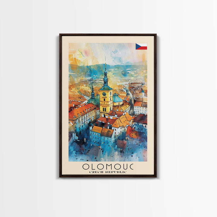 Olomouc Czech Travel Poster Framed Canvas Print, Watercolor Painting, Historic Wall Art, Home Decor, Czech Architecture, Vintage Style