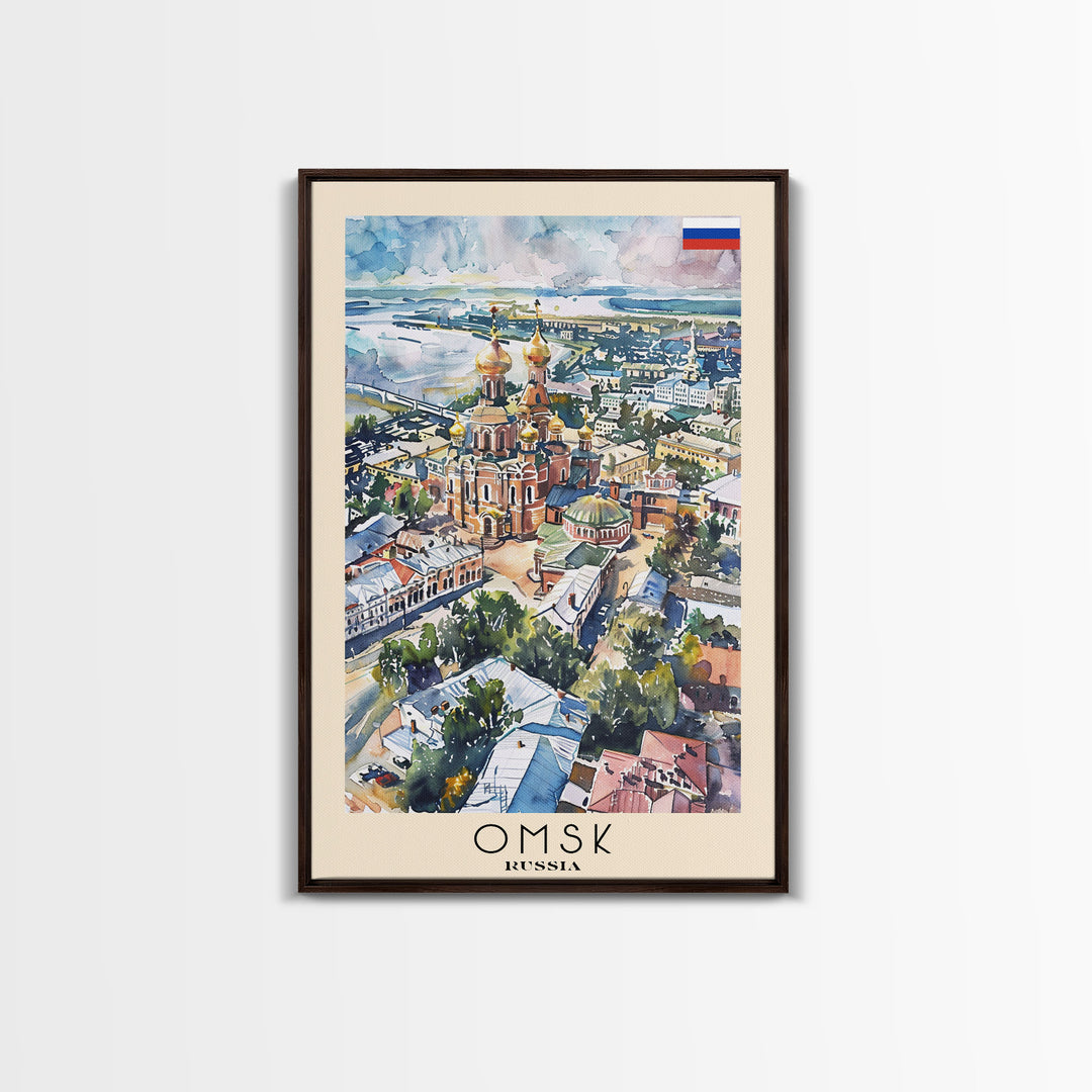 Omsk Russia Travel Poster Framed Canvas Print, Watercolor Painting, Urban Wall Art, Home Decor, Russian Cityscape, Modern Art