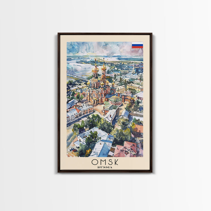 Omsk Russia Travel Poster Framed Canvas Print, Watercolor Painting, Urban Wall Art, Home Decor, Russian Cityscape, Modern Art