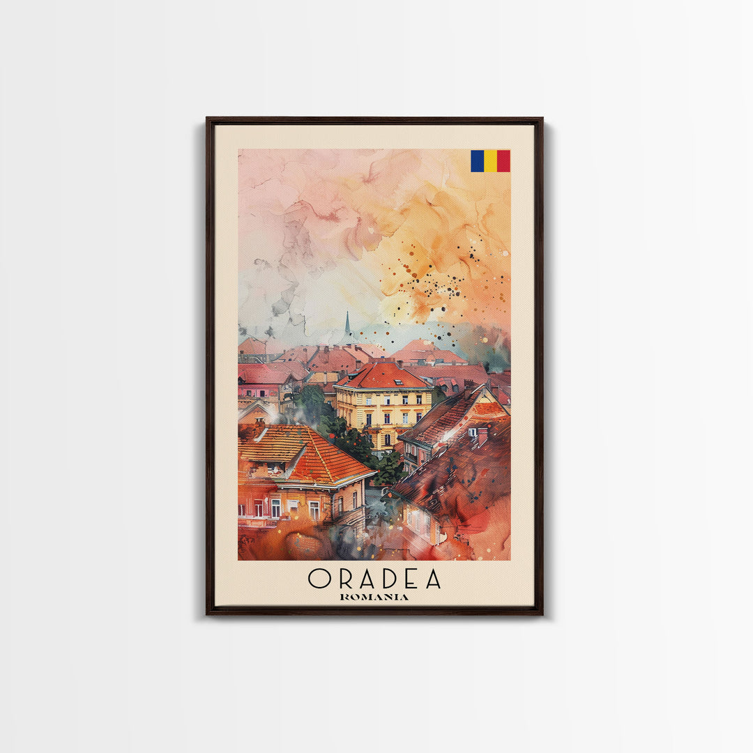 Oradea Romania Travel Poster Framed Canvas Print, Watercolor Painting, Scenic Wall Art, Home Decor, Romanian Architecture, Artistic Decor