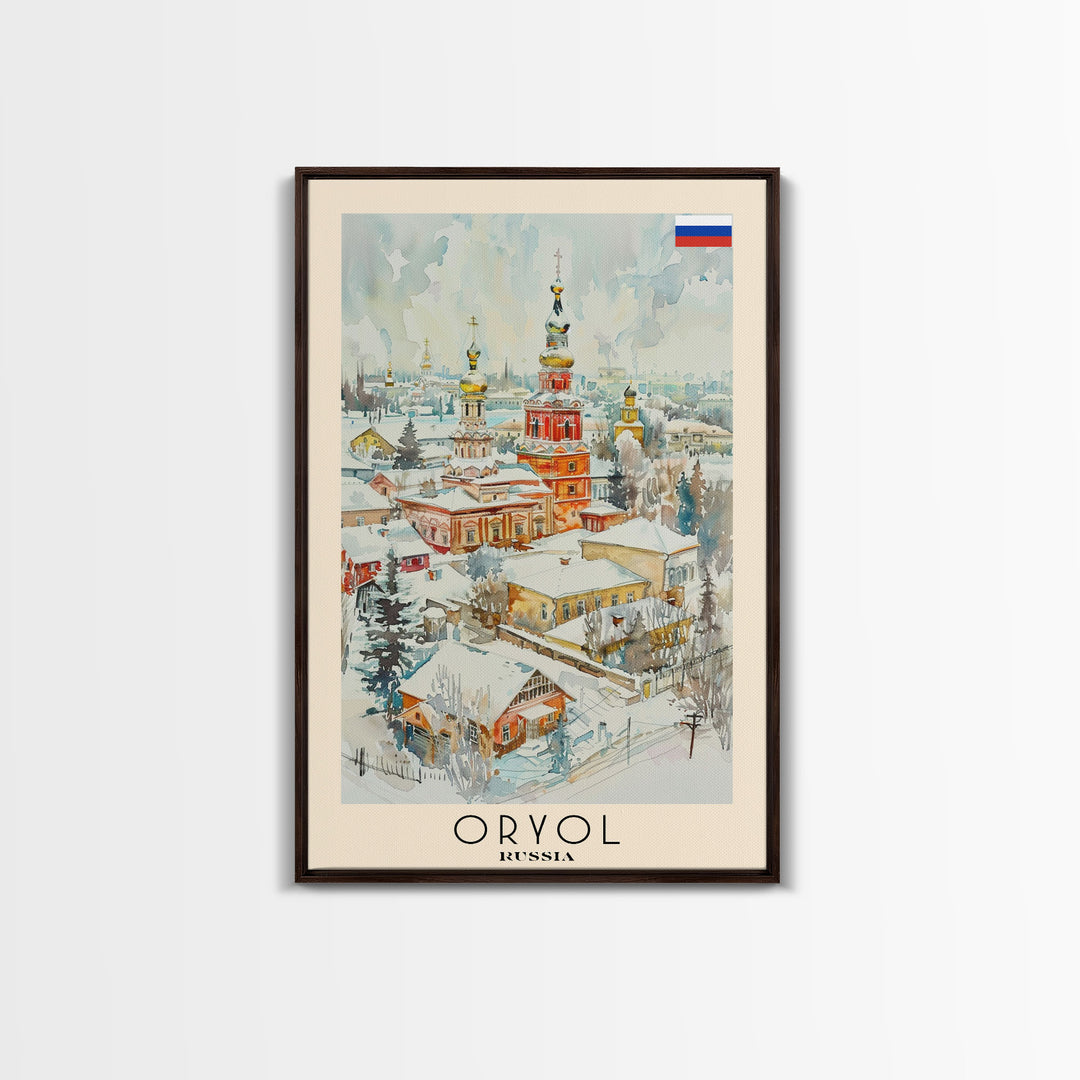Oryol Russia Travel Poster Framed Canvas Print, Watercolor Painting, Scenic Wall Art, Home Decor, Russian Landscape, Vintage Style