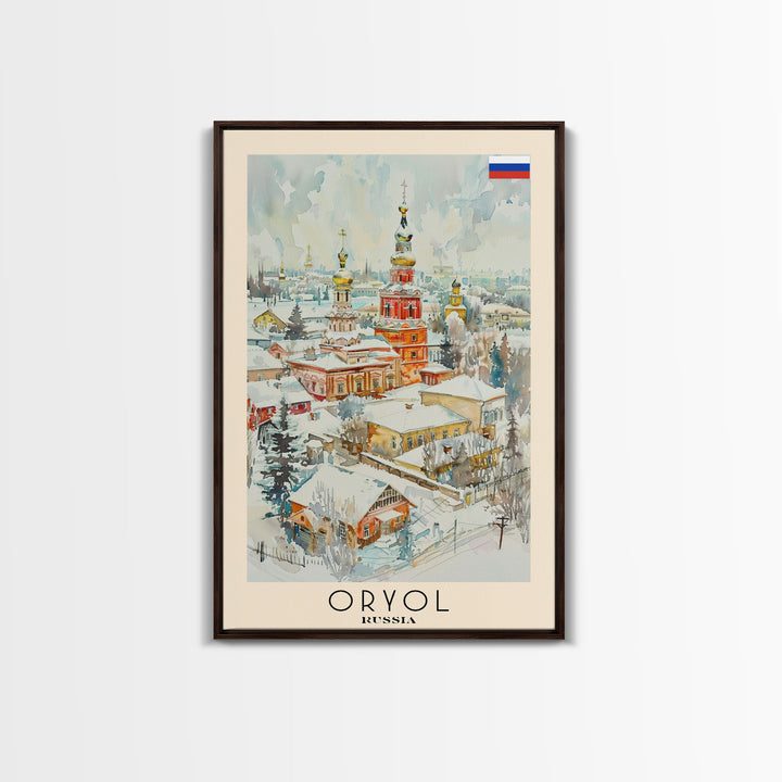 Oryol Russia Travel Poster Framed Canvas Print, Watercolor Painting, Scenic Wall Art, Home Decor, Russian Landscape, Vintage Style